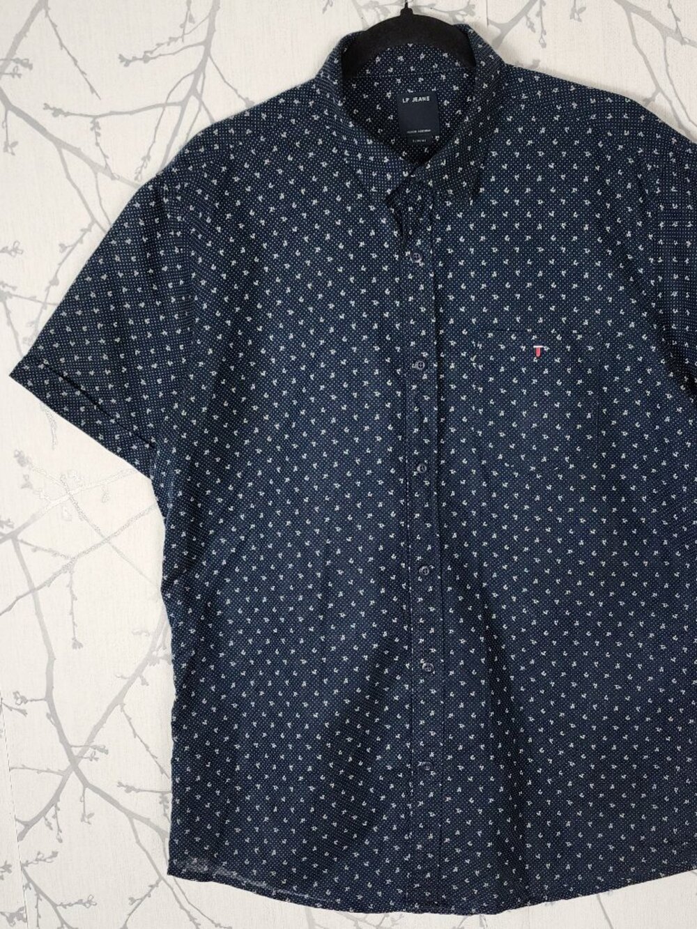 LP Jeans Navy Dot Print Linen Cotton Short Sleeve Slim Fit Shirt